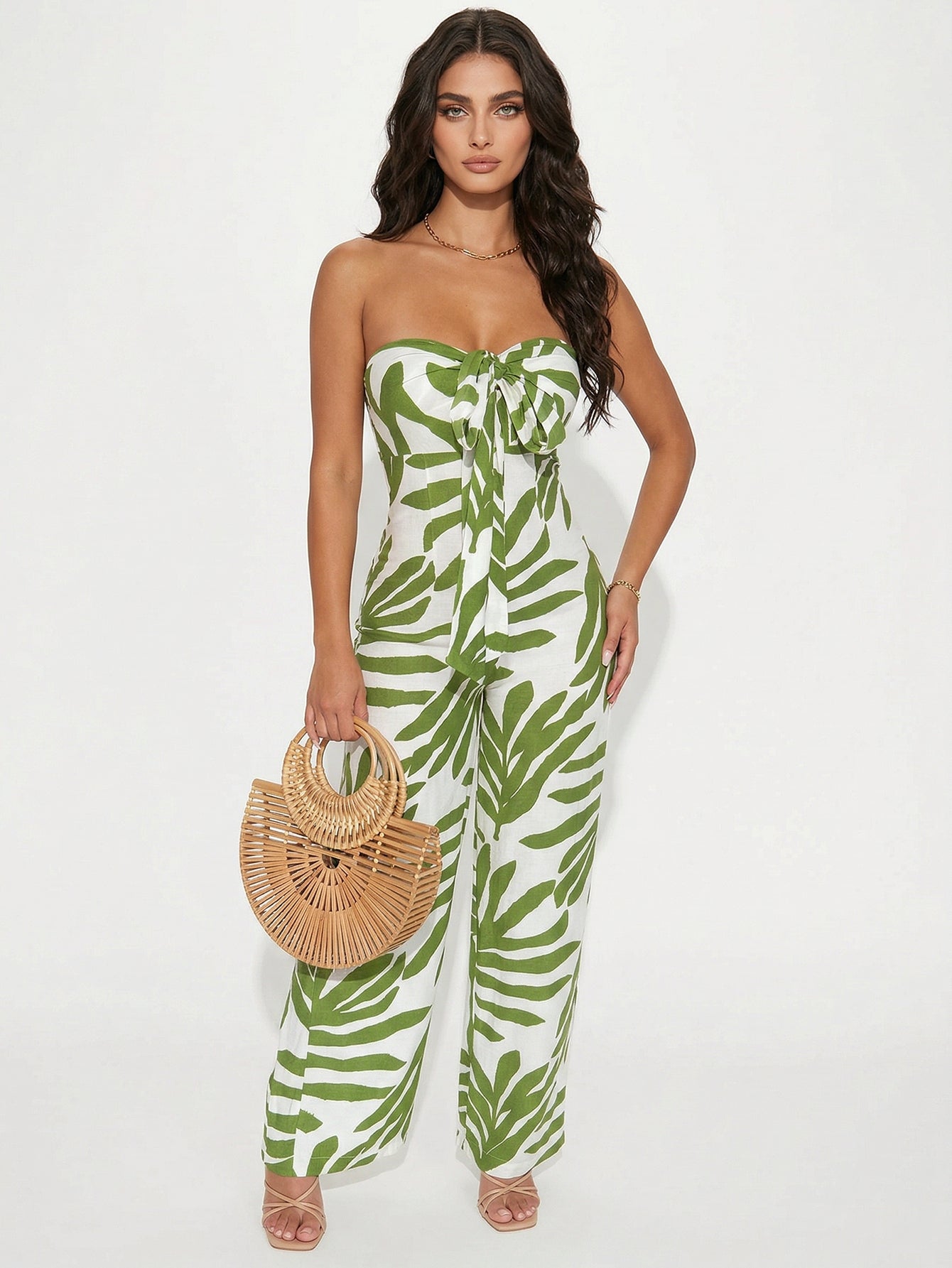 Green Leaf Print Tie Front Casual Jumpsuit