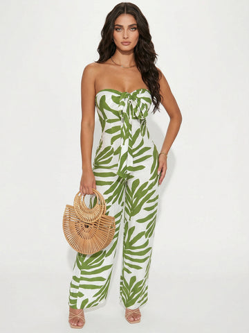 Green Leaf Print Tie Front Casual Jumpsuit