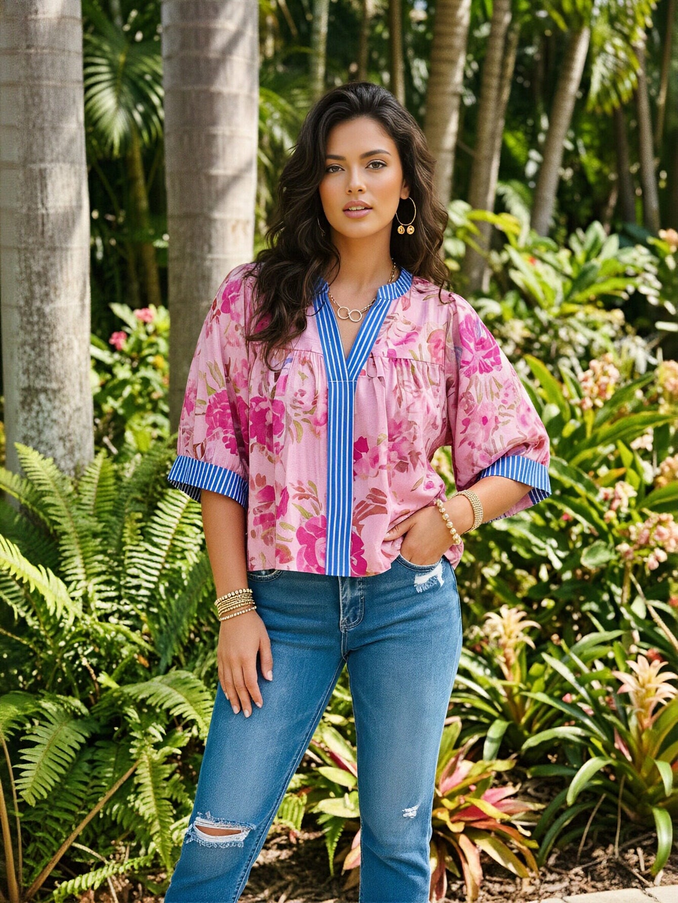 Floral Print Striped Trim Blouse