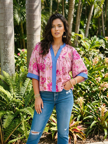 Floral Print Striped Trim Blouse
