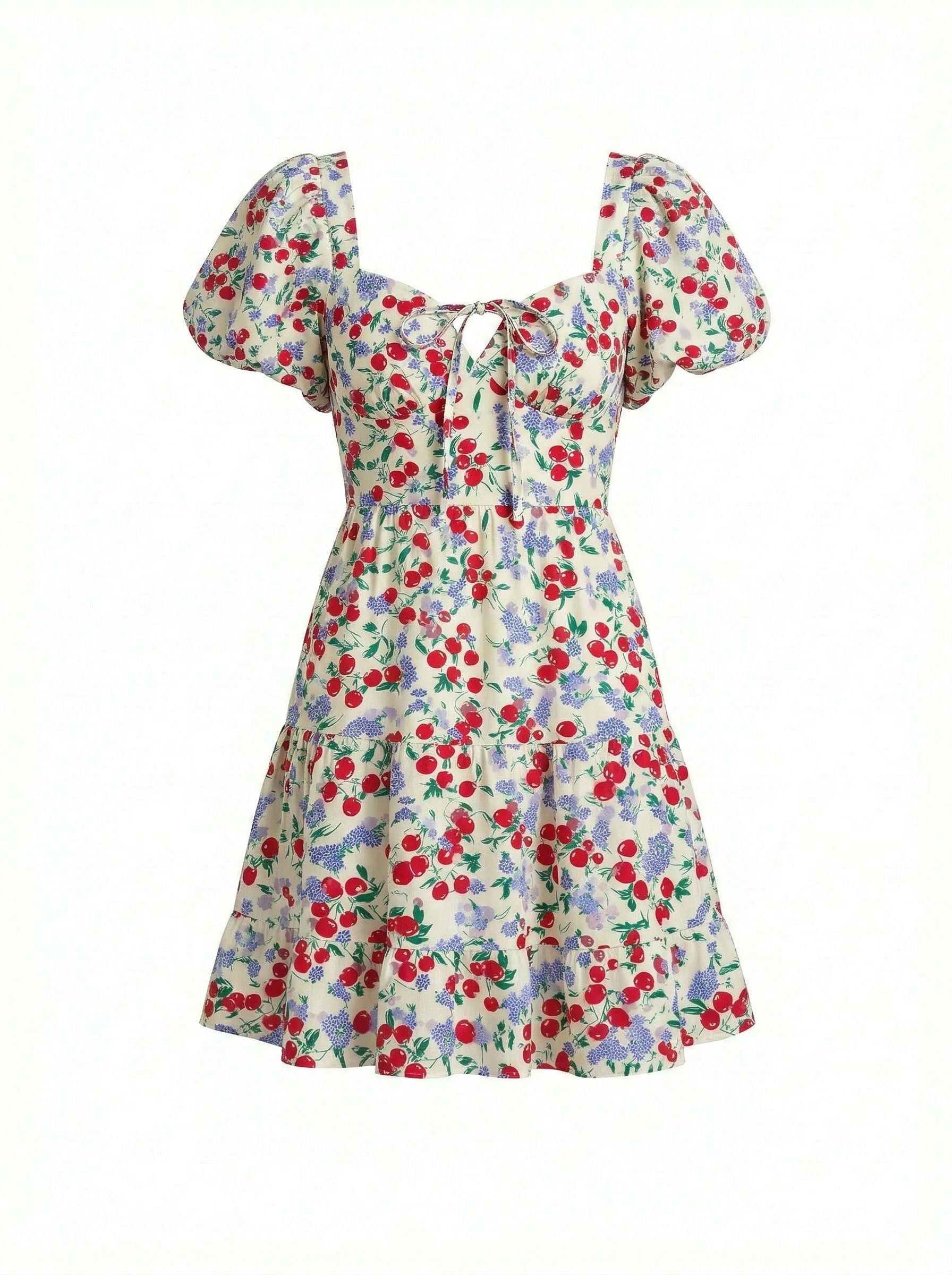 Floral Print Puff Sleeve Tiered Mini Dress