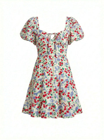 Floral Print Puff Sleeve Tiered Mini Dress