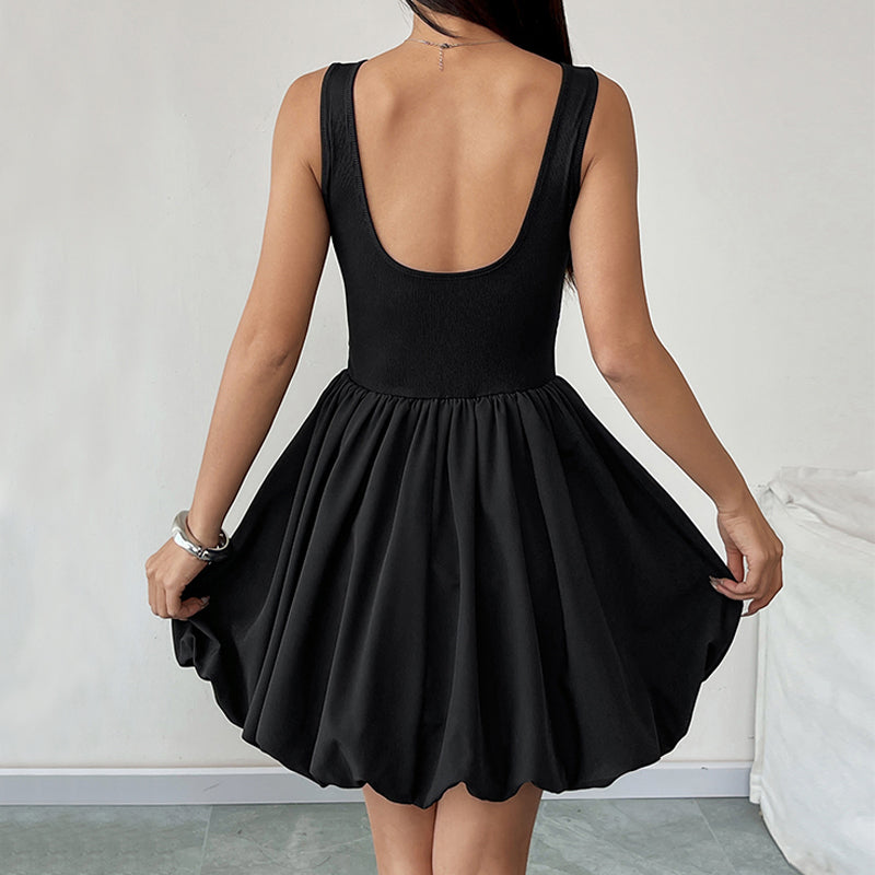 Slim-Fit Flutter-Sleeve Flared Mini Party Dress-Black