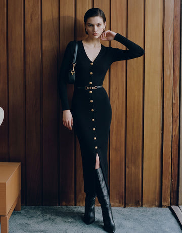 Elegant Button Down Ribbed Knit Dress