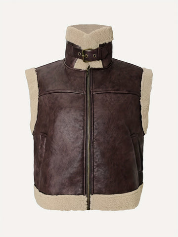 Faux Leather Sherpa Trim Vest