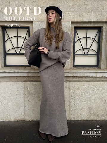 Cozy Ribbed Knit Maxi Skirt Set