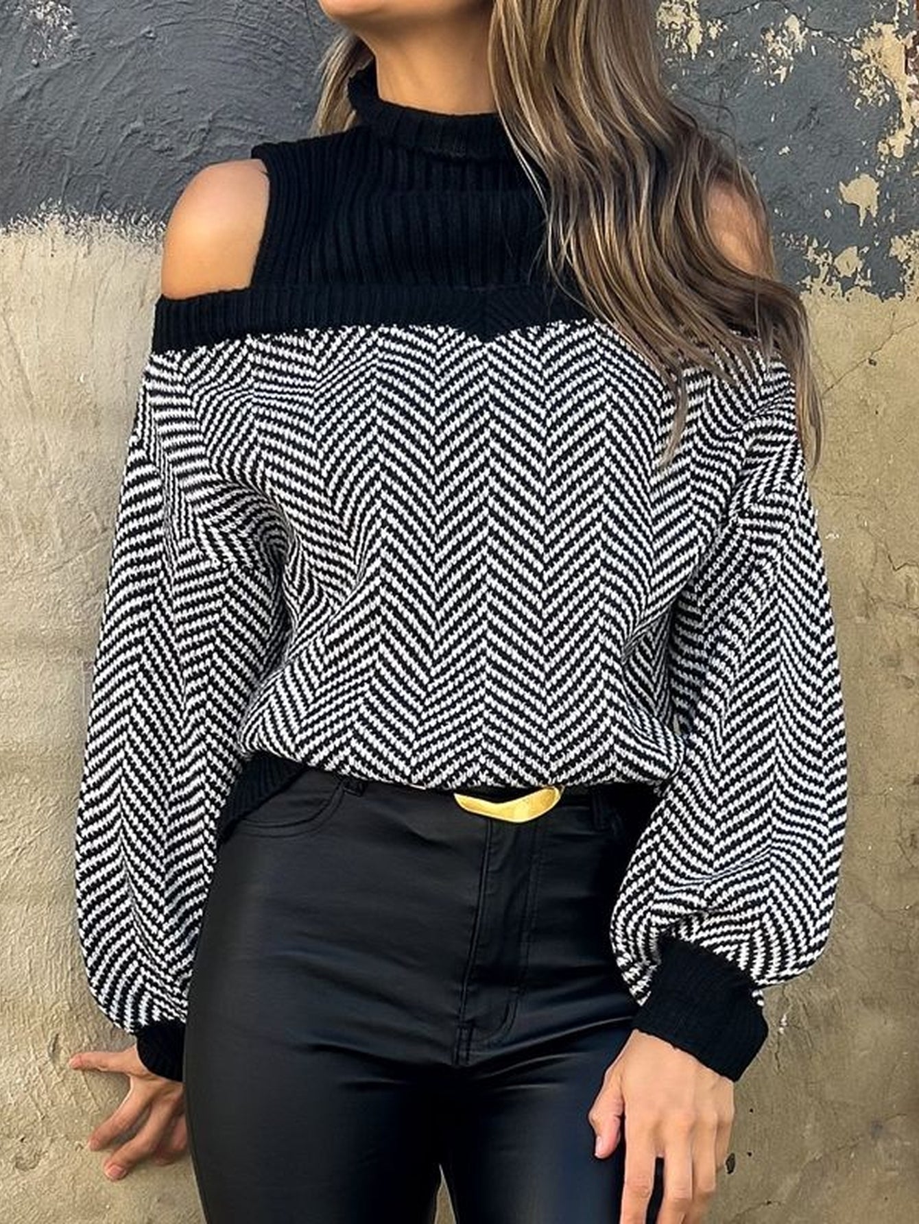 Cold Shoulder Herringbone Knit Sweater