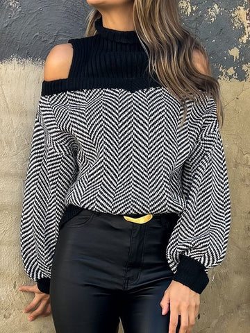 Cold Shoulder Herringbone Knit Sweater