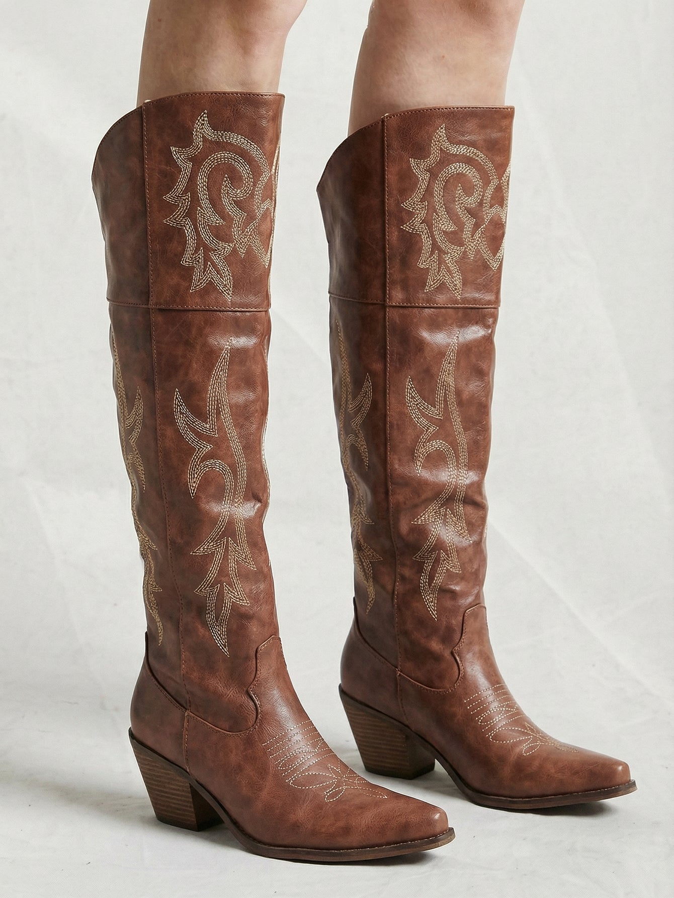 Embroidery Detail Genuine Leather Vintage Cowboy Boots-Brown