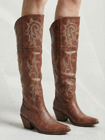 Embroidery Detail Genuine Leather Vintage Cowboy Boots-Brown