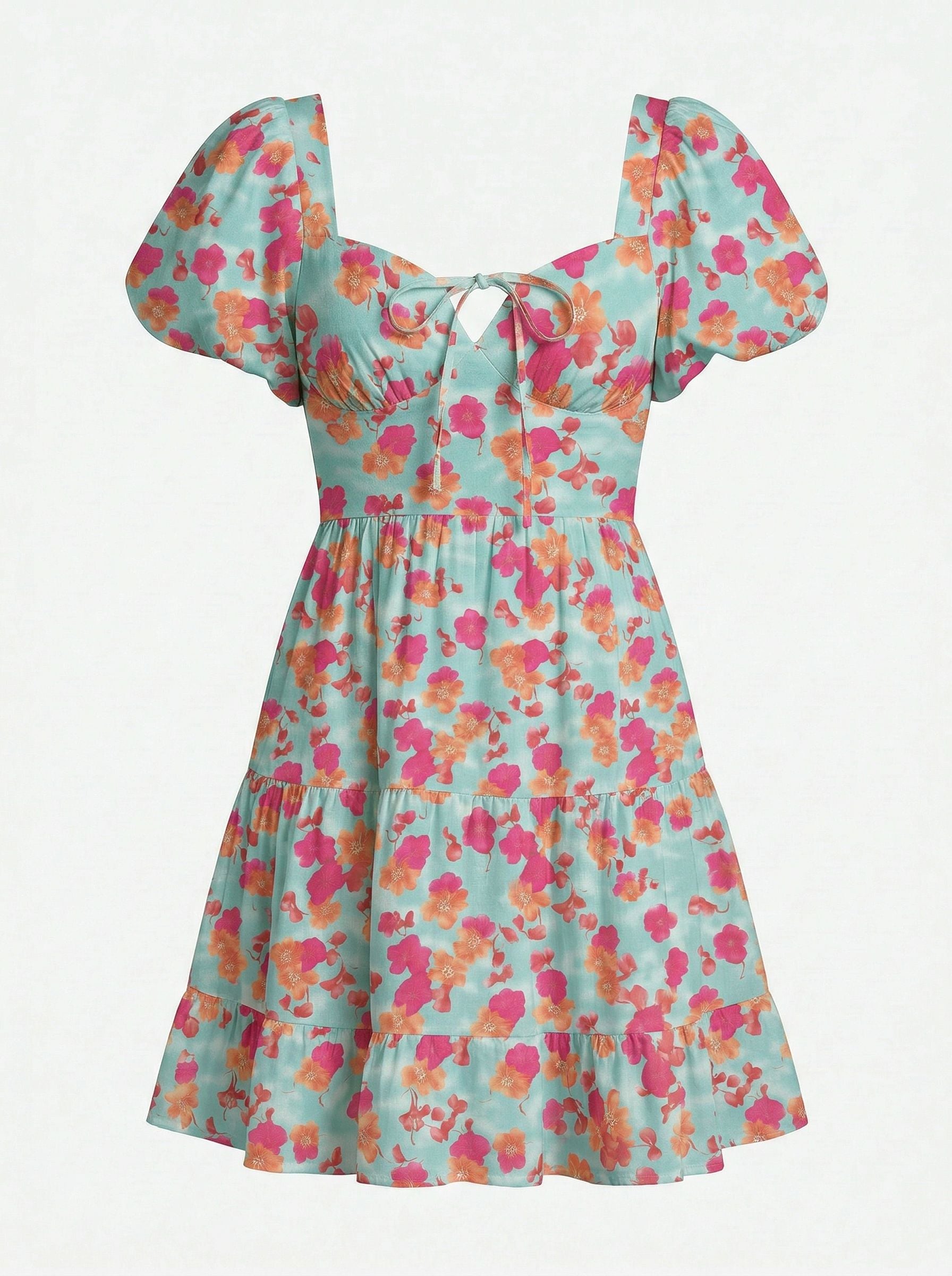 AYLA Floral Print Puff Sleeve Tiered Mini Dress
