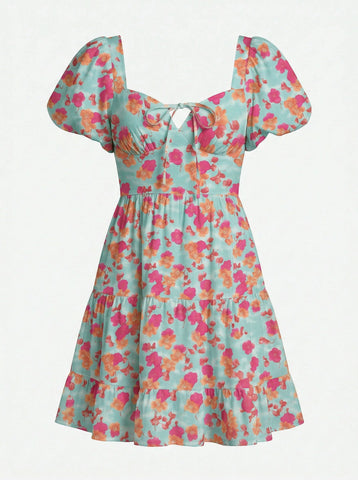 AYLA Floral Print Puff Sleeve Tiered Mini Dress