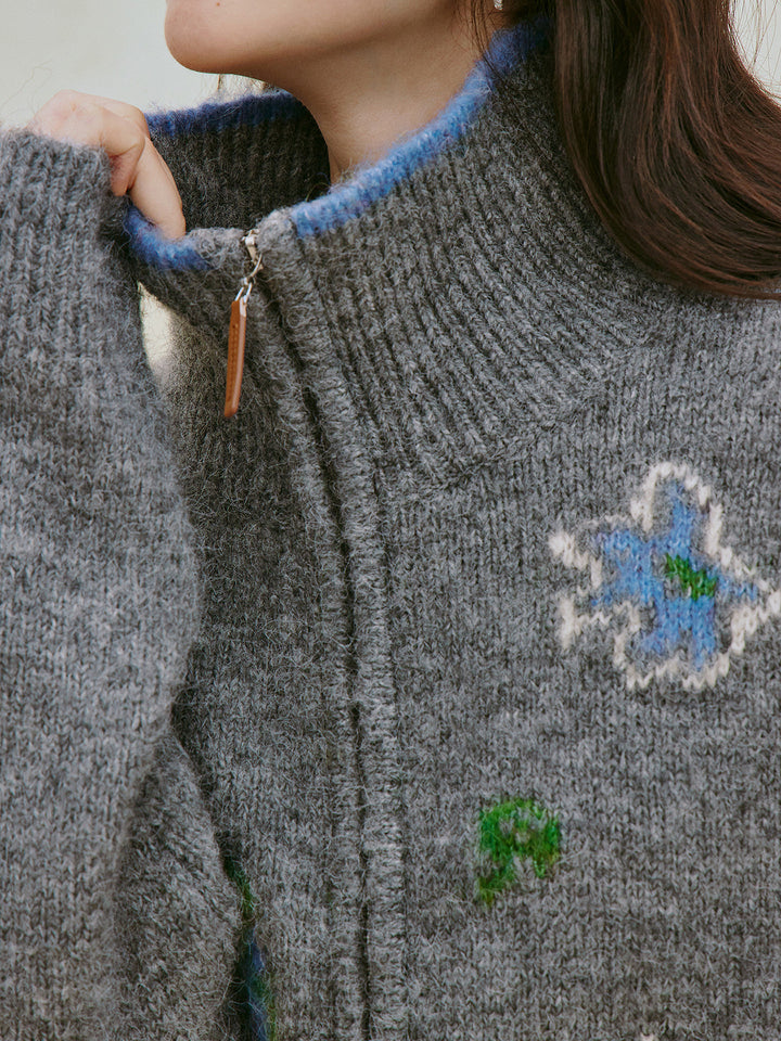 Cozy Floral Wool Zip Cardigan