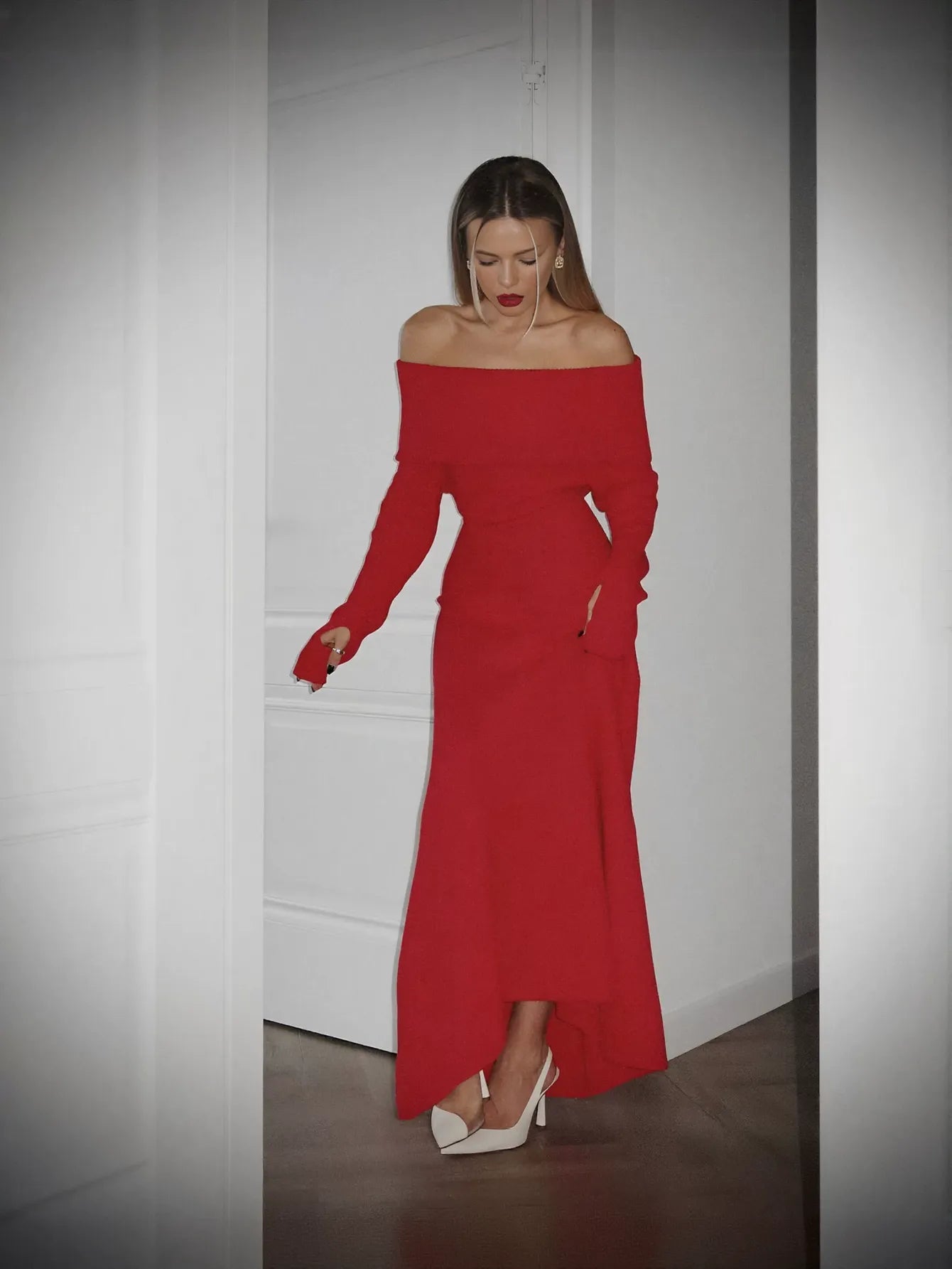 Off Shoulder Ribbed Knit Maxi Dress