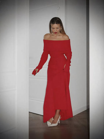 Off Shoulder Ribbed Knit Maxi Dress