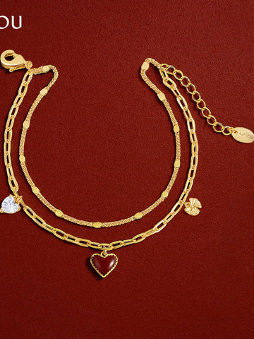 Dainty Red Heart Layered Bracelet