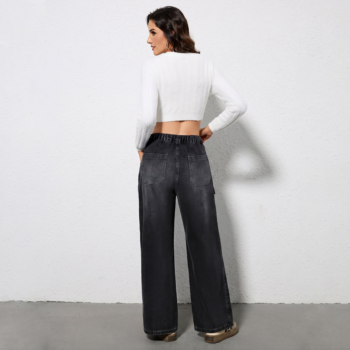 High Waisted Drawstring Cargo Jeans