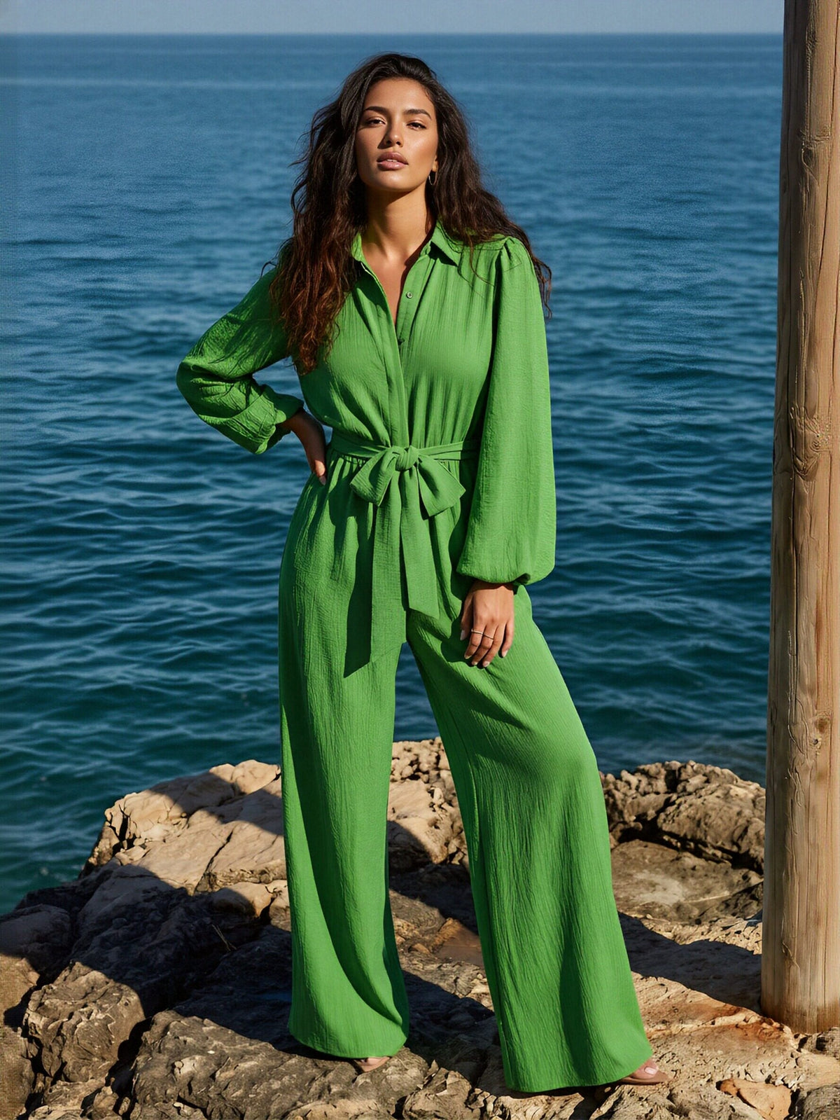 Belted Wide Leg Collared Jumpsuit