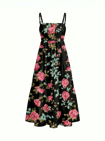 FLORA Floral Print Tiered Strap Midi Dress