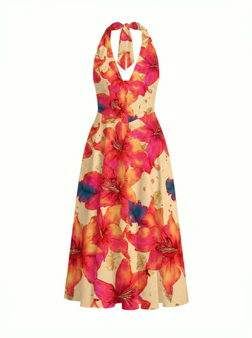 Floral Print Halter Neck Tie Back Midi Dress