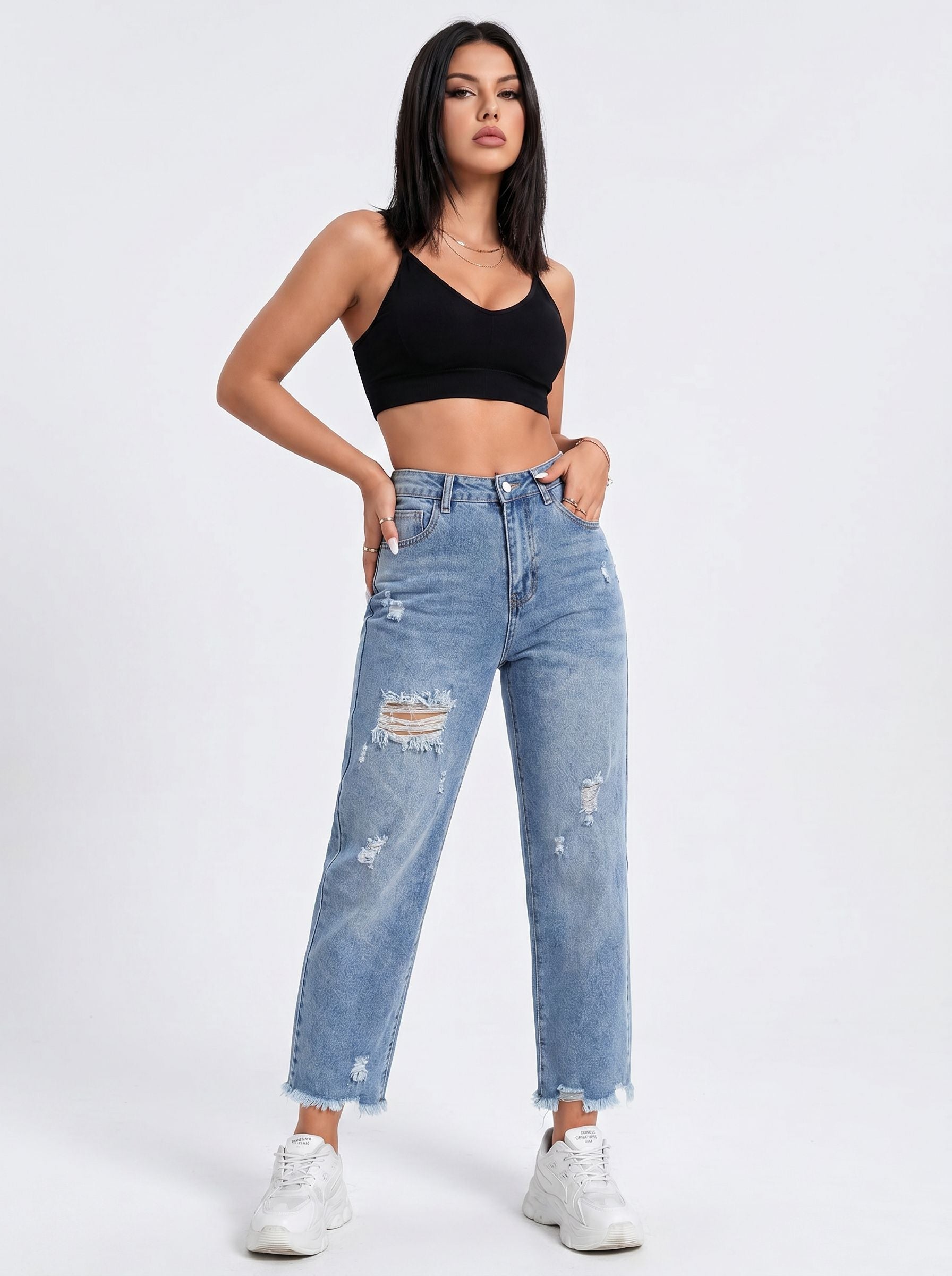 Distressed High Waisted Straight Jeans