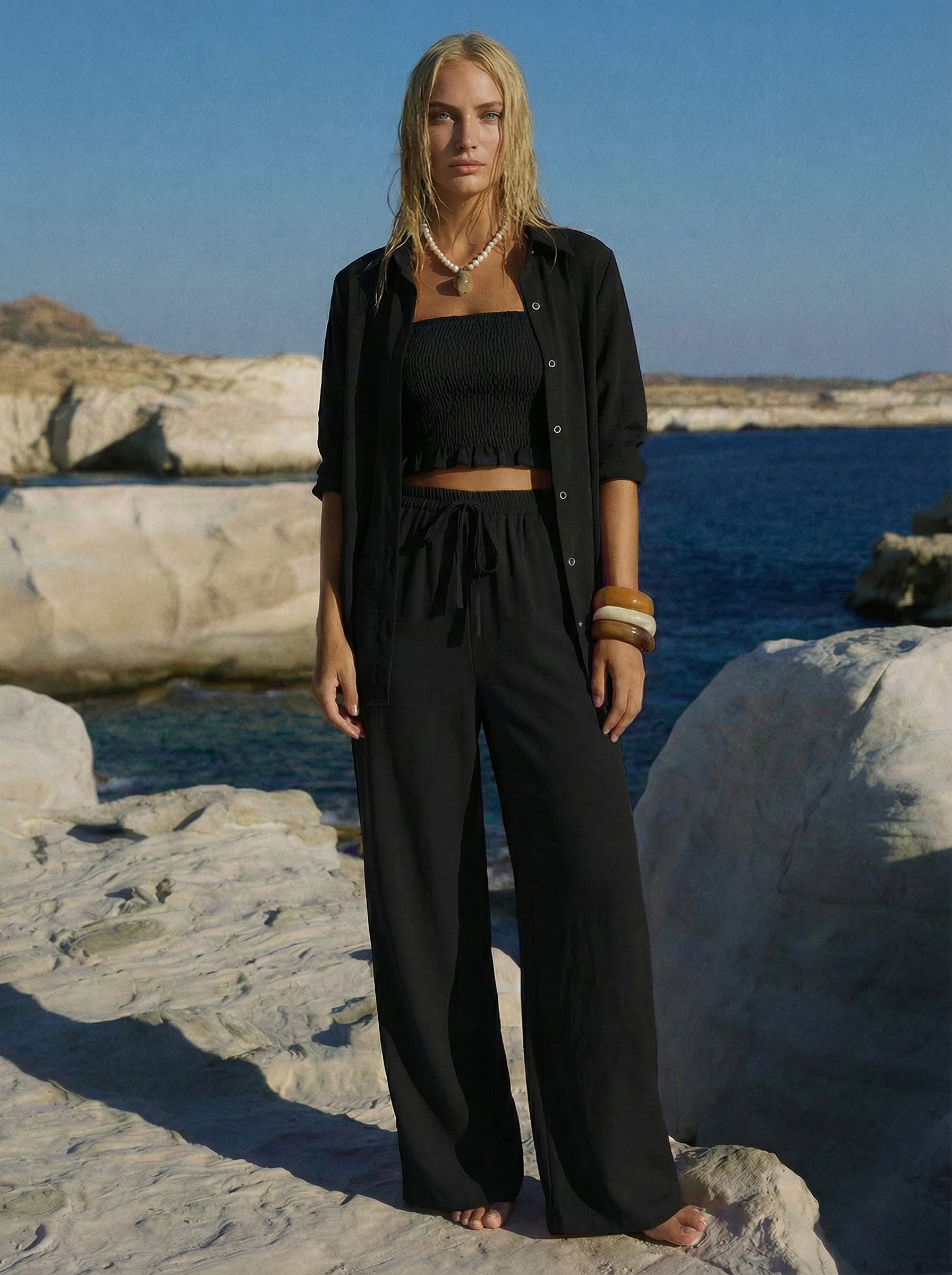 Classic-Collar Shirt Drawstring-Waist Pants Relaxed Set-Multicolor