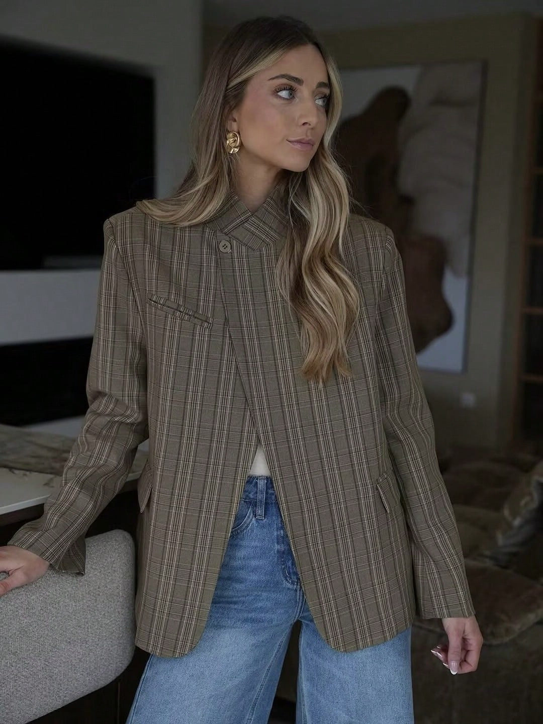 Plaid Stand Collar Blazer Jacket