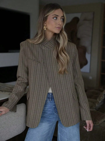 Plaid Stand Collar Blazer Jacket