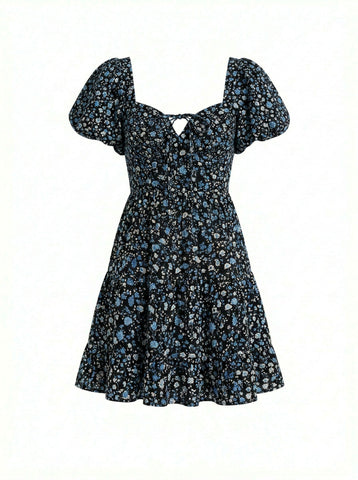 AYLA Floral Print Puff Sleeve Tiered Mini Dress