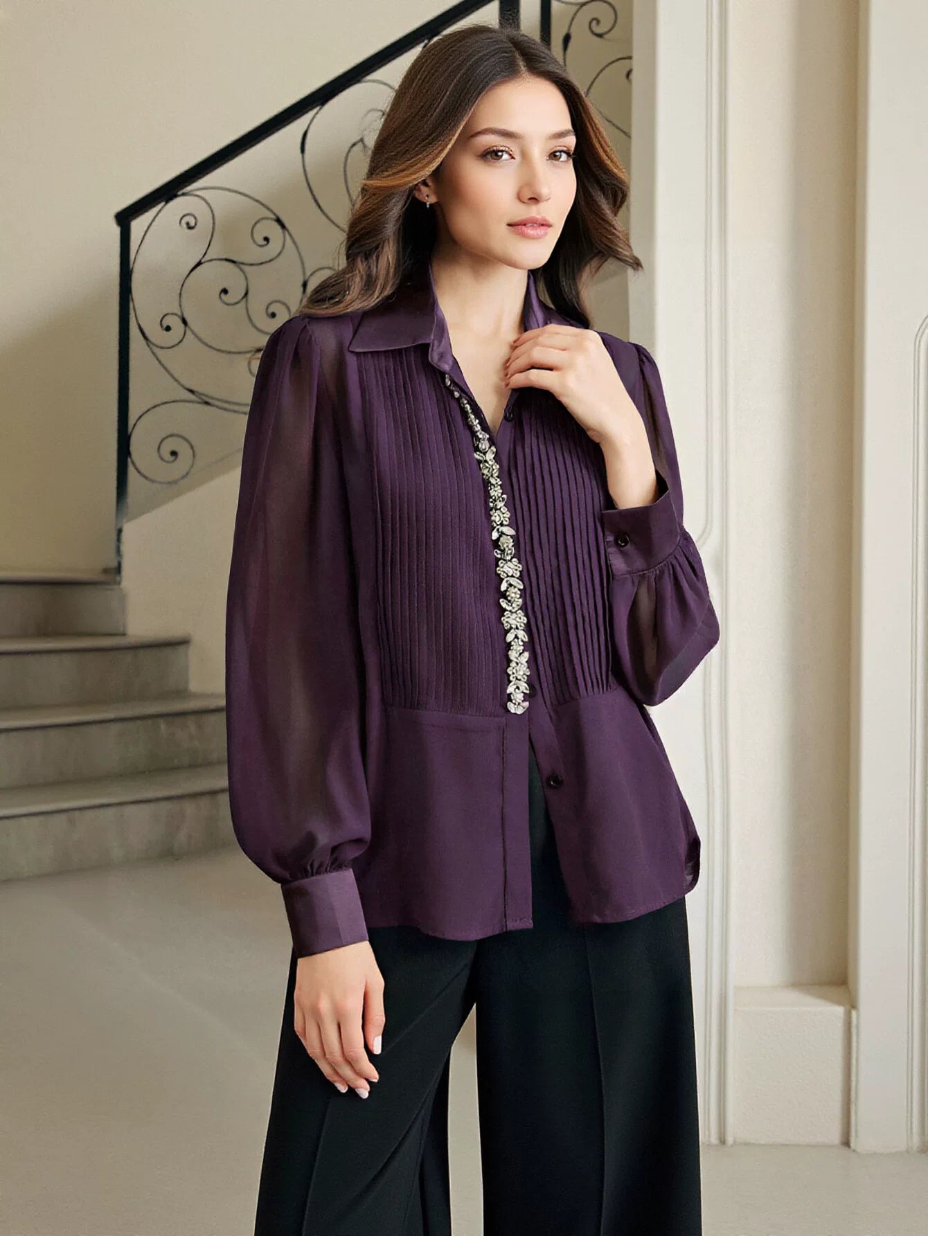 Elegant Pleated Sheer Chiffon Blouse