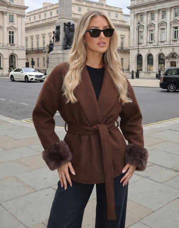 Faux Fur Trim Belted Coat