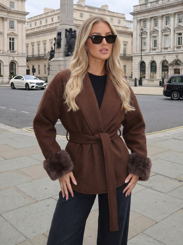 Faux Fur Trim Belted Coat