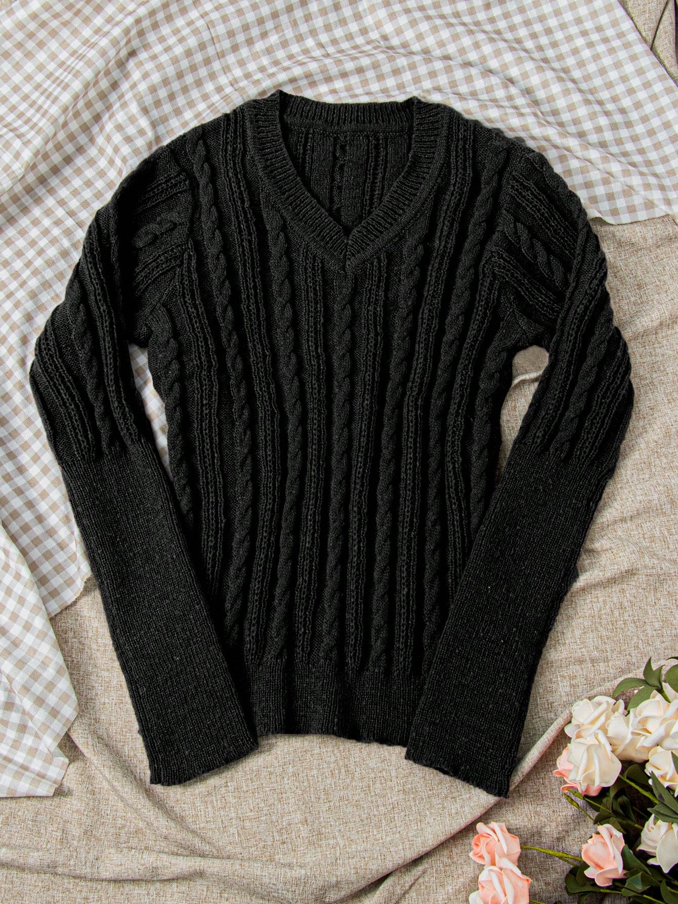 Classic V Neck Cable Knit Sweater