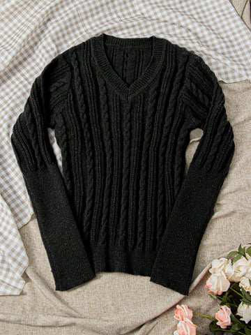 Classic V Neck Cable Knit Sweater