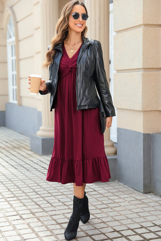 Twist Front Long Sleeve Midi Dress