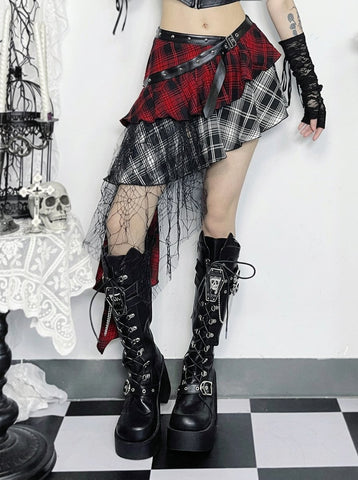 Gothic Plaid Asymmetric Lace Mini Skirt