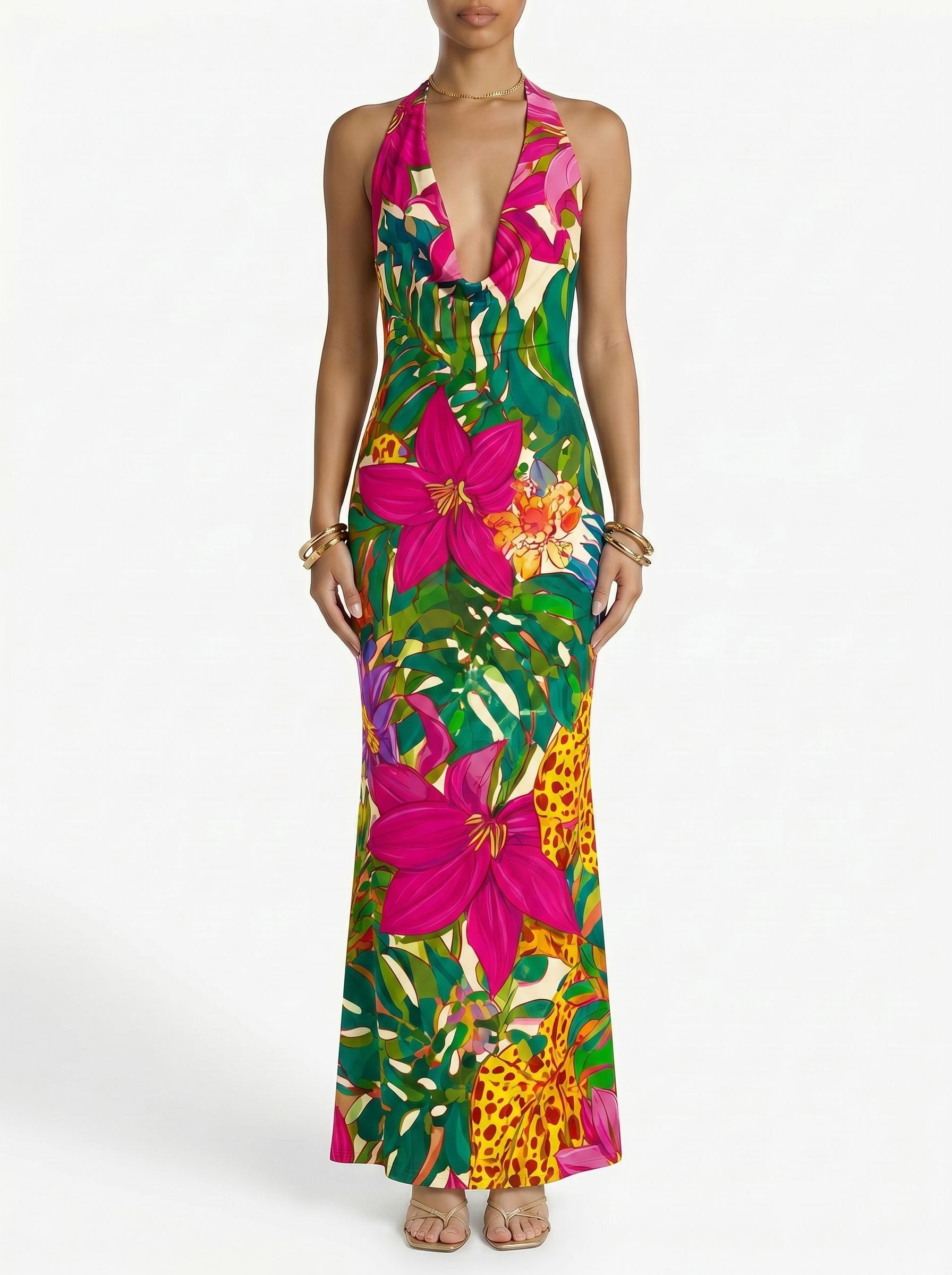 Floral Print Cowl Neck Bodycon Maxi Dress