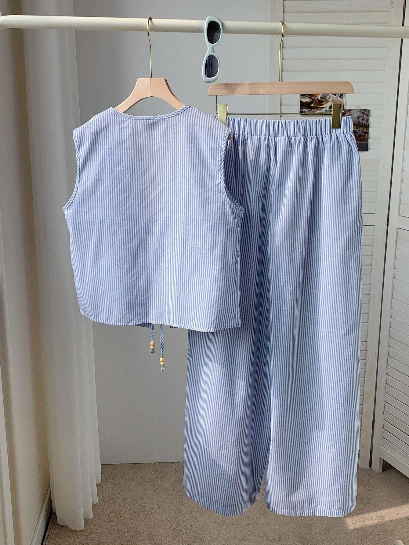 Drawstring Sleeveless Top Elastic-Waist Pants Casual Set-Blue