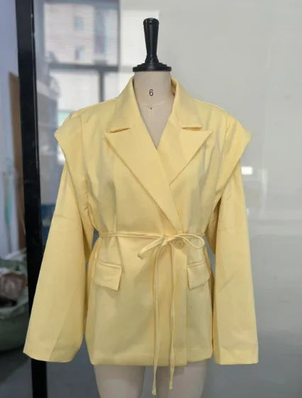 Oversized Belted Yellow Blazer Jacket