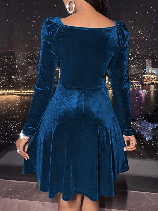Velvet V Neck Long Sleeve Dress