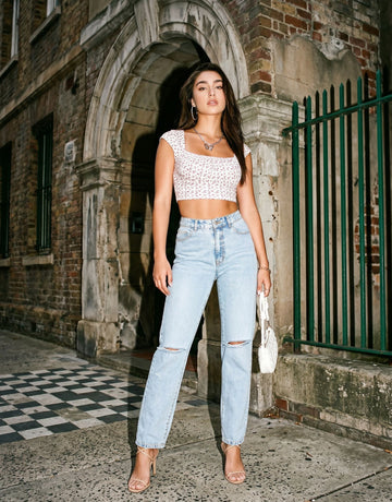 High Waisted Distressed Straight Jeans