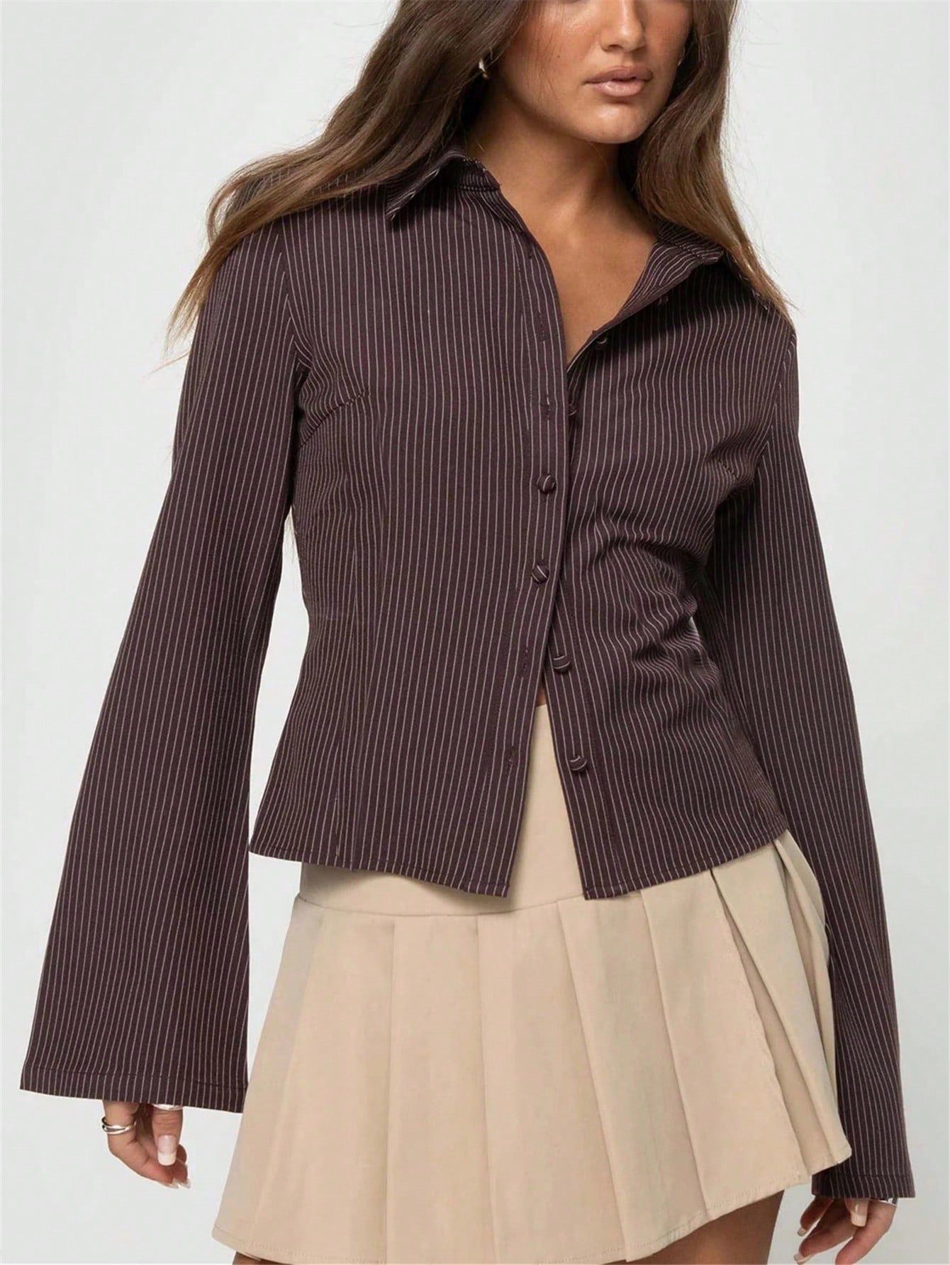 Fitted Pinstripe Flare Sleeve Button Down Shirt