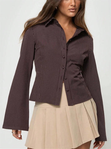 Fitted Pinstripe Flare Sleeve Button Down Shirt