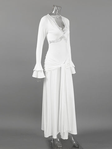 Lace Trimmed Ruched Maxi Dress