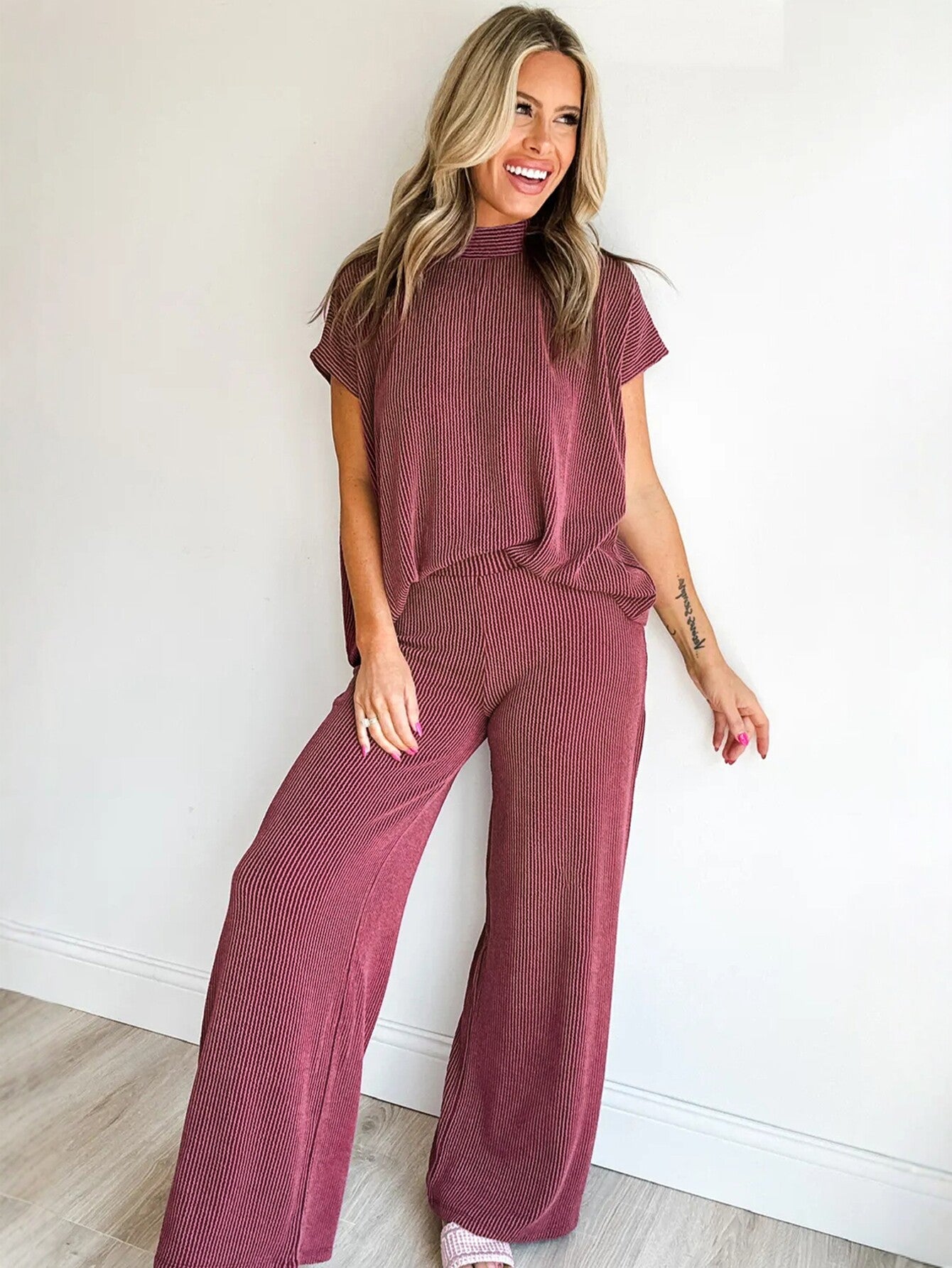 Striped High Neck Wide Leg Pants Set