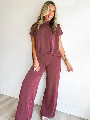 Striped High Neck Wide Leg Pants Set