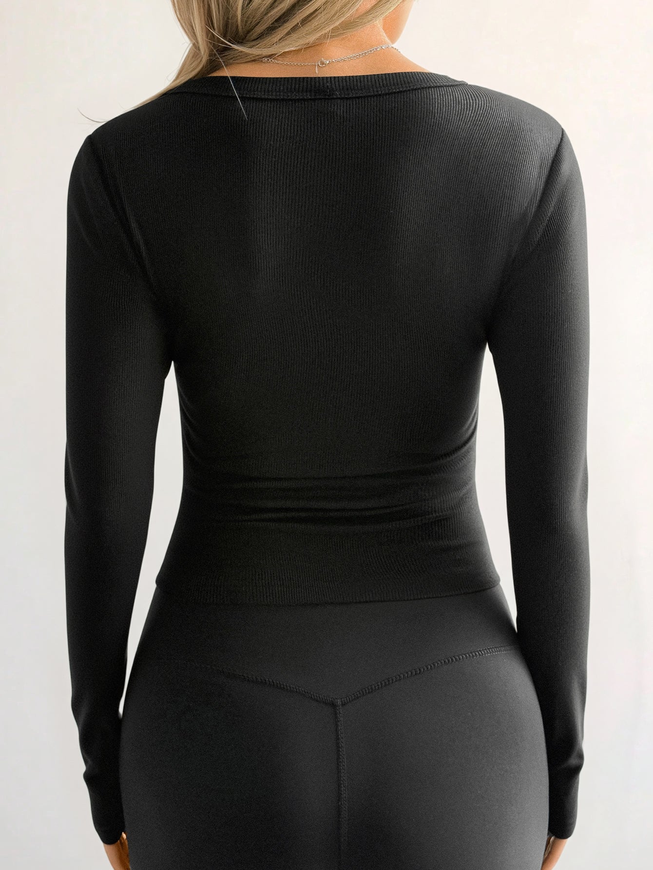 Deep V-Neck Long Sleeve Ribbed Casual T-Shirt