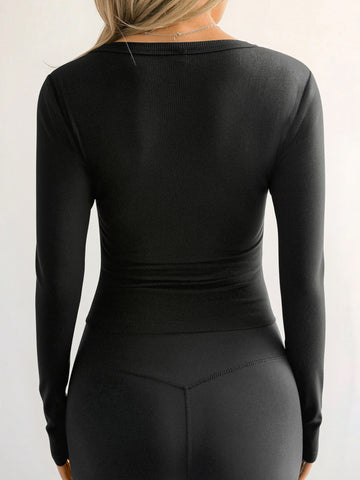 Deep V-Neck Long Sleeve Ribbed Casual T-Shirt