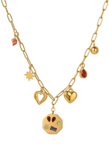 Charming Multi Charm Gold Paperclip Necklace