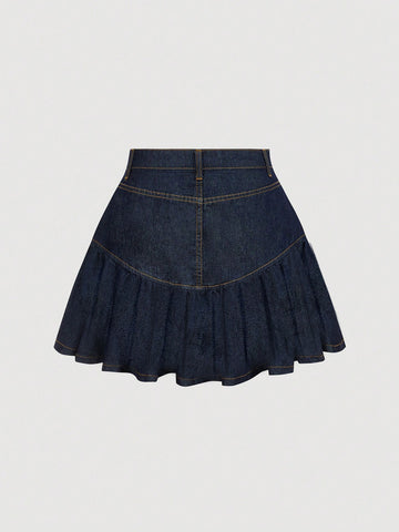 Pleated High Waisted Denim Mini Skirt